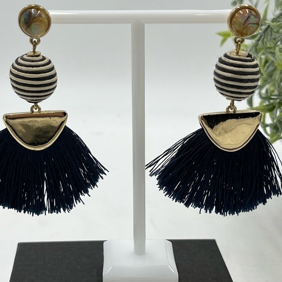 Baublebar Blue/White Ball with Blue Fringe Nautical Mamba Statement Earrings 3” - Picture 6 of 13